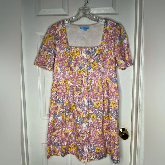 draper james Square Neck Button Boho Linen Floral Pink Womens Mini Dress Size 12 - Picture 3 of 10